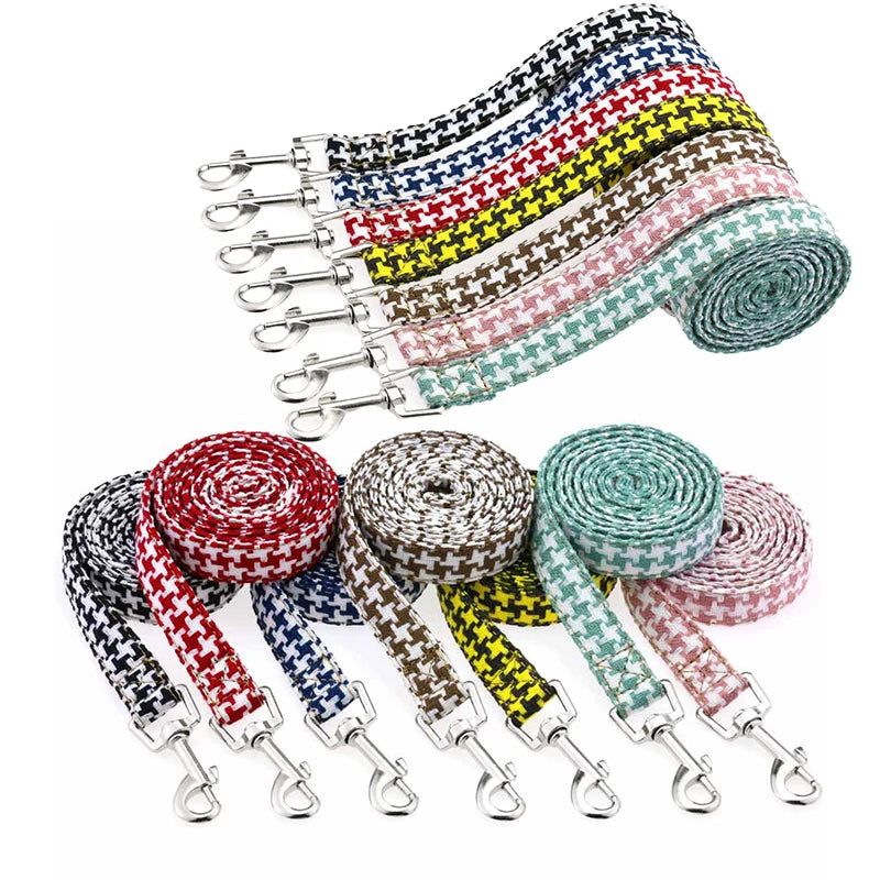 Adjustable Durable Luxury Cotton Linen Dog Collar Leash Set Houndstooth Pattern Buckle Closure Spot Clean Pet Accessories for