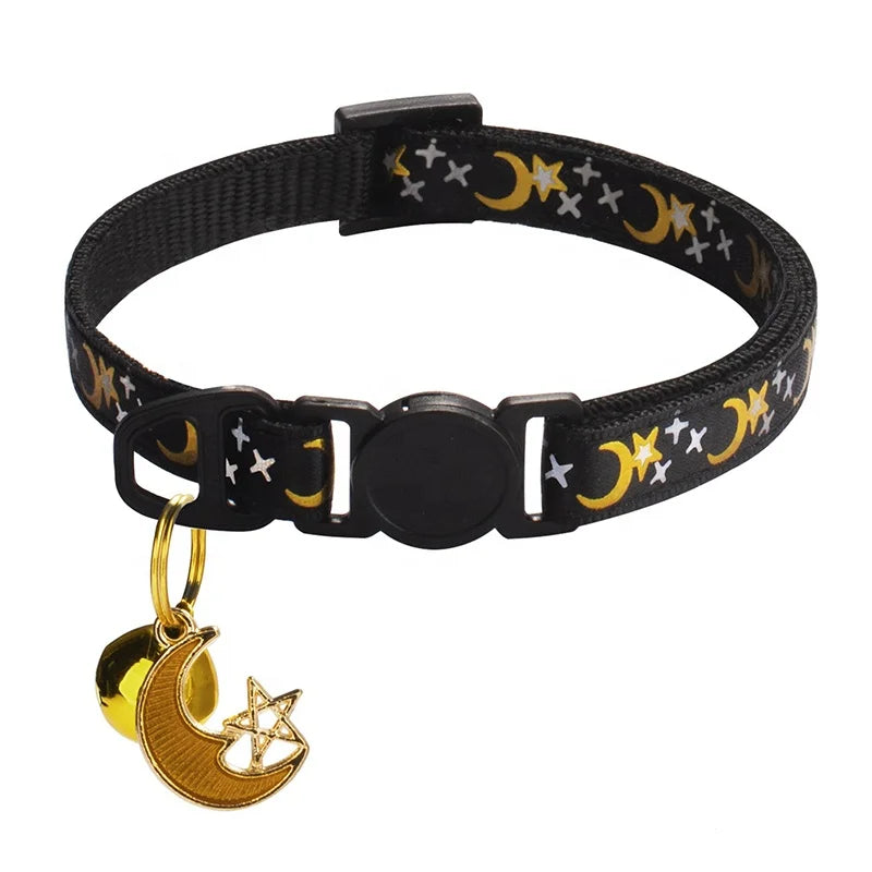 Colorful Shining Star Moon Pet Nylon Collar Soft Adjustable Small Bell Print Buckle Closure for Cats Dogs Pets Accessories