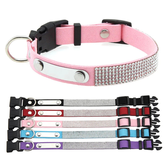 Modern Elegant Durable Sparkly Rhinestone Dog Collar ID Tag Adjustable Soft Microfiber Neckband D-Ring for Cats & Small Dogs