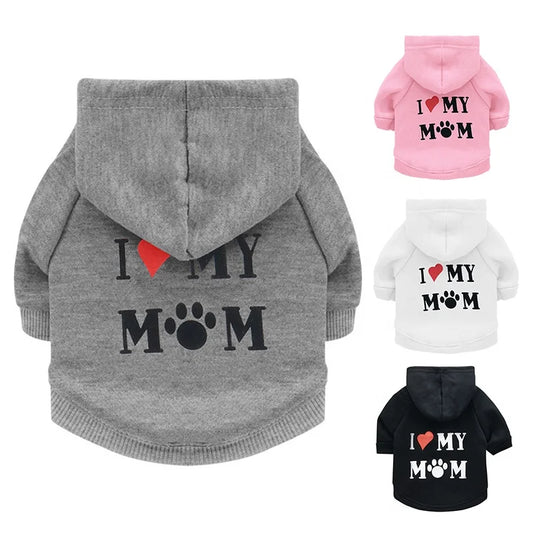 Pet Hoodie for Dogs-'I Love My Mom' Printed Fleece Sweatshirt XS Size Winter Warmth Small Breeds Teddy Poodle 11 Colors