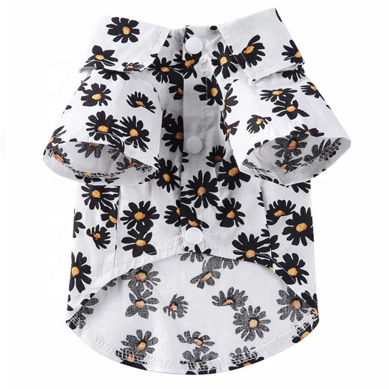 Hawaii Style Daisy Print Polyester Pet Coat Small Medium Dogs Breathable Short Sleeve Summer Shirt Collar Cute Floral Design