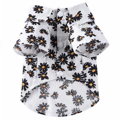 Hawaii Style Daisy Print Polyester Pet Coat Small Medium Dogs Breathable Short Sleeve Summer Shirt Collar Cute Floral Design