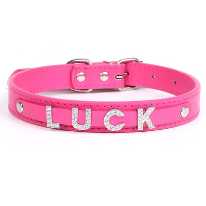 Wholesale Custom Waterproof Dog Collar Solid Color PU Leather Rhinestone Name Letters DIY Personalized Pet Collar Small