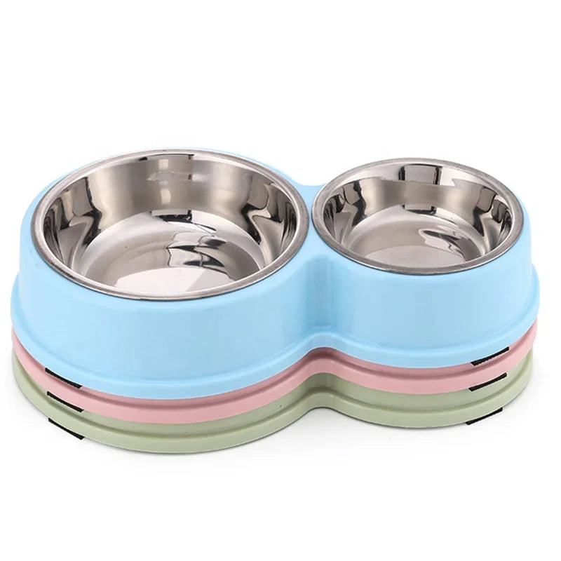 Anti-Skid Double Bowls Pet Smart Feeder Small Large Rounded Stainless Steel Waterproof Solid Pattern Reptiles Food Bowl