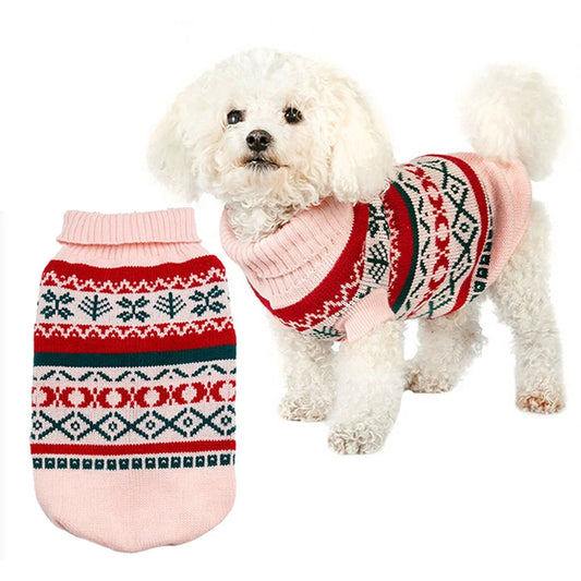 Christmas Fair Isle Pattern Eco-Friendly Acrylic Dog Sweater Pink Turtleneck Pullover Geometric Print Warm Winter Clothes for