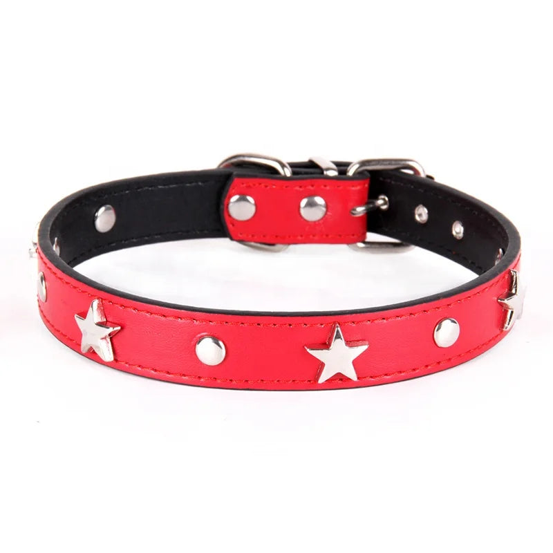 Punk Style Luxury Leather Dog Collar Star Design Fashion Solid Pattern Fur Decoration Metal Buckle Made PU-Ins Pet Leashes