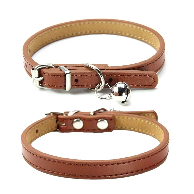 Adjustable Genuine Leather Cat and Dog Collars with Small Bell High Quality in Solid Color 6 Sizes Available