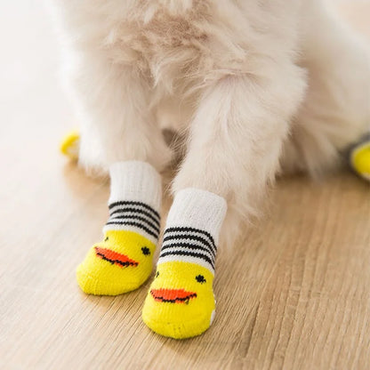 Cute Cartoon Duck Paw Anti-Slip Rubber Dog Socks Fashion Style Waterproof Pet Sock Shoes with Grip Knitted Animal Pattern