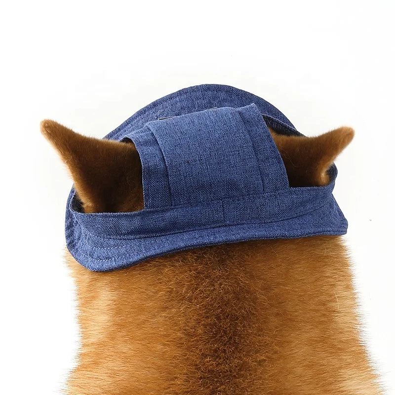 Fashion Sport Style Solid Linen Fabric Denim Color Adjustable Pet Sun Hats for Dogs Cats Summer Outdoor Protection