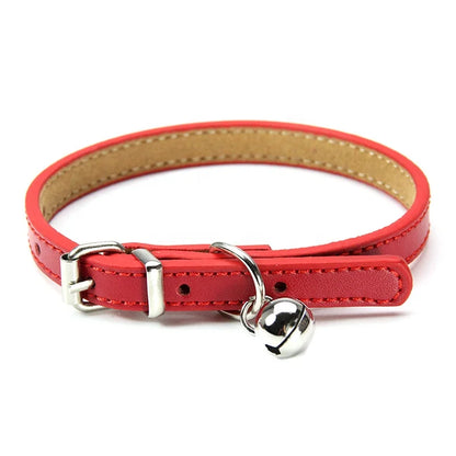 Adjustable Genuine Leather Cat and Dog Collars with Small Bell High Quality in Solid Color 6 Sizes Available