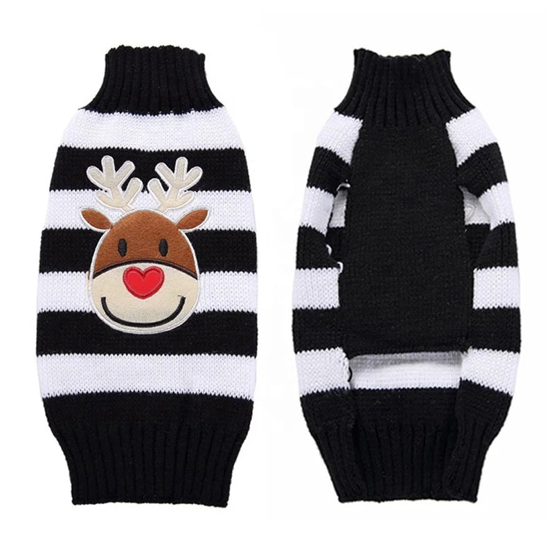 Christmas Reindeer Applique Pet Sweater Striped Knit Pullover XS Small Medium Dogs Winter Acrylic High Neck Ribbed Trim Red Blue