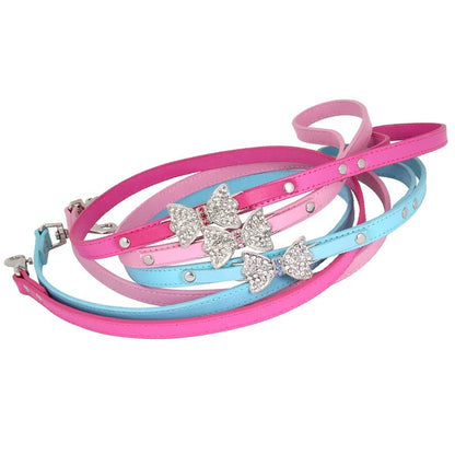 Luxury Small PU Leather Dog Collar Silver Rhinestone Bow Knot Soft Solid Animal Pattern ABS Cotton Free Cat Friendly Pet Leash
