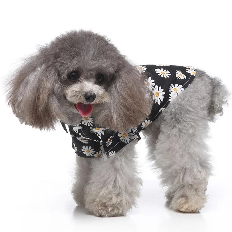 Hawaii Style Daisy Print Polyester Pet Coat Small Medium Dogs Breathable Short Sleeve Summer Shirt Collar Cute Floral Design