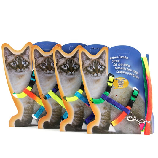Simple Fashionable Rainbow Printed Cat Harness Leash Set Escape Proof Nylon Buckles Fur Ribbon for Walking Small Pet Rabbits
