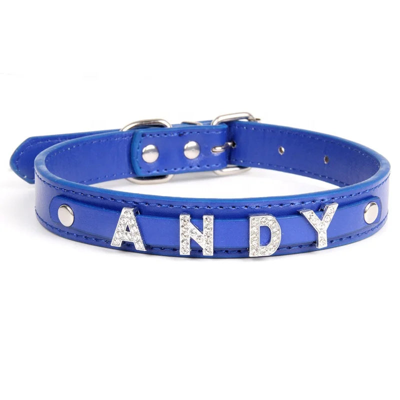 Wholesale Custom Waterproof Dog Collar Solid Color PU Leather Rhinestone Name Letters DIY Personalized Pet Collar Small