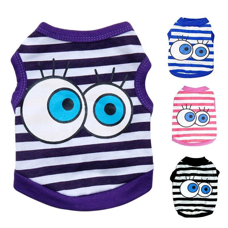 Wholesale XS Size Cotton Dog Clothes with Big Eyes Stripes XS Wag a Tude T-Shirt Summer/Spring Cartoon Style Shirt for Dogs
