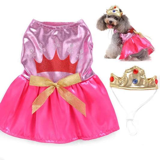 GorisPet Luxury Cute Pink Princess Dog Dress XL Polyester Pet Clothes Crown Headband Winter Summer Spring Solid Printed Coat