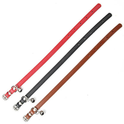 Adjustable Genuine Leather Cat and Dog Collars with Small Bell High Quality in Solid Color 6 Sizes Available