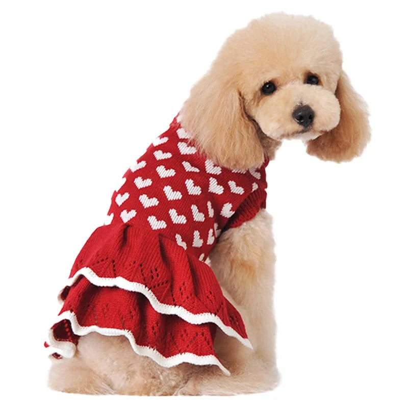 Cute Knit Dog Sweater Dress Dot Pattern Princess Style Pet Skirt Small Dogs Cozy Winter Clothing Ruffle Hem Chinese New Year