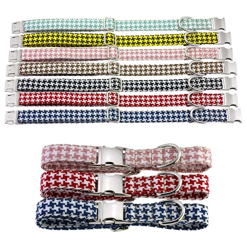 Adjustable Durable Luxury Cotton Linen Dog Collar Leash Set Houndstooth Pattern Buckle Closure Spot Clean Pet Accessories for