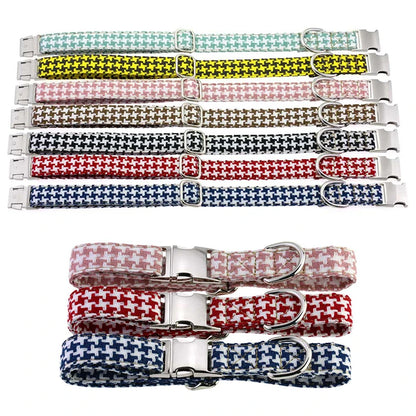 Adjustable Durable Luxury Cotton Linen Dog Collar Leash Set Houndstooth Pattern Buckle Closure Spot Clean Pet Accessories for
