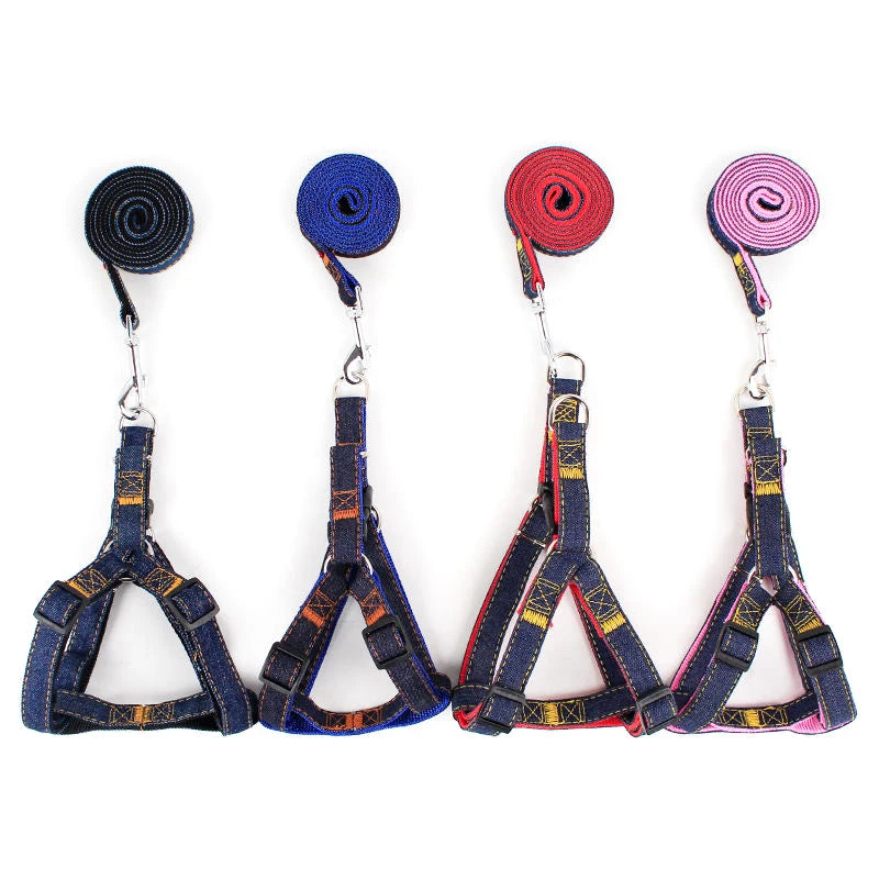 Hot Sale Comfortable & Stylish Denim Pet Harness Leash Collar Set with Buckle Closure-Simple Fashion Design for Dogs All Seasons